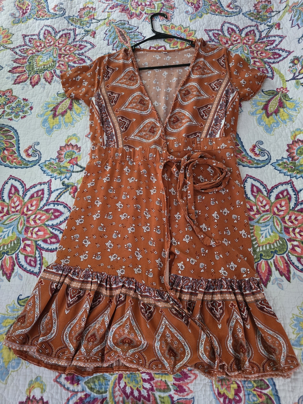 Burnt Orange Paisley Wrap Mini Dress Cover-up